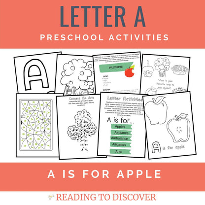 Letter A Activity Pack Printable | Apple Theme | Letter A Worksheets Book List Coloring Pages