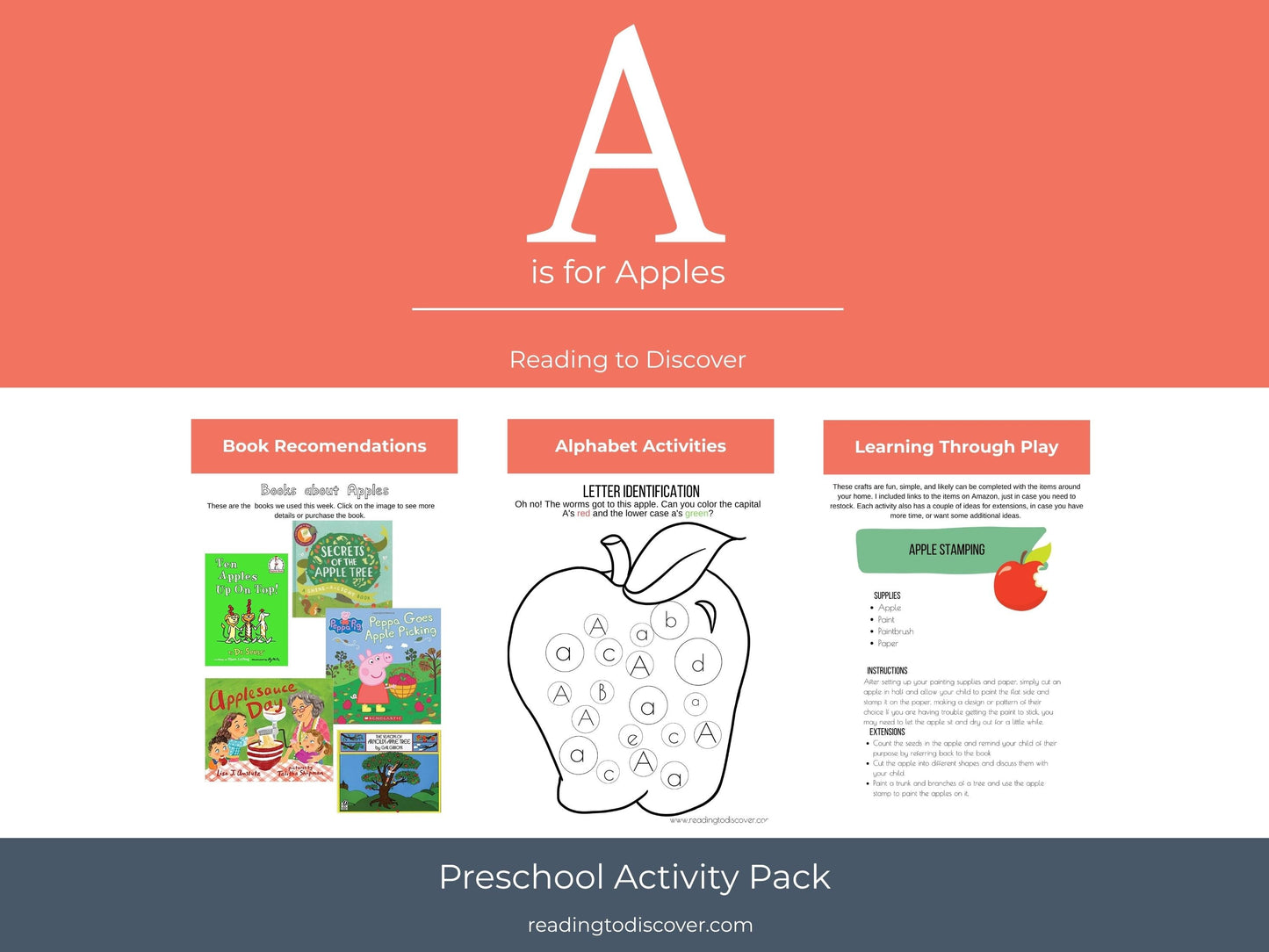 Letter A Activity Pack Printable | Apple Theme | Letter A Worksheets Book List Coloring Pages