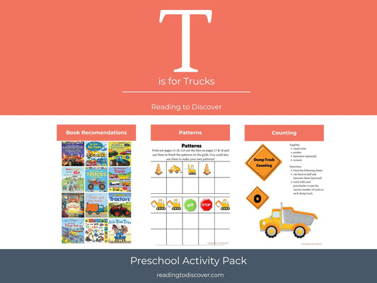 T is for Trucks Preschool Printable Activities | Letter T Worksheets | Vehicle Theme Toddler Curriculum | Homeschool Letter of the Week PDF