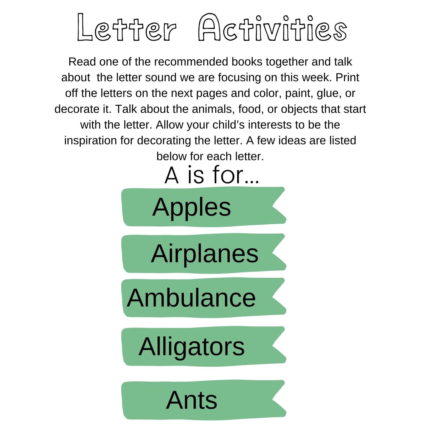 Letter A Activity Pack Printable | Apple Theme | Letter A Worksheets Book List Coloring Pages