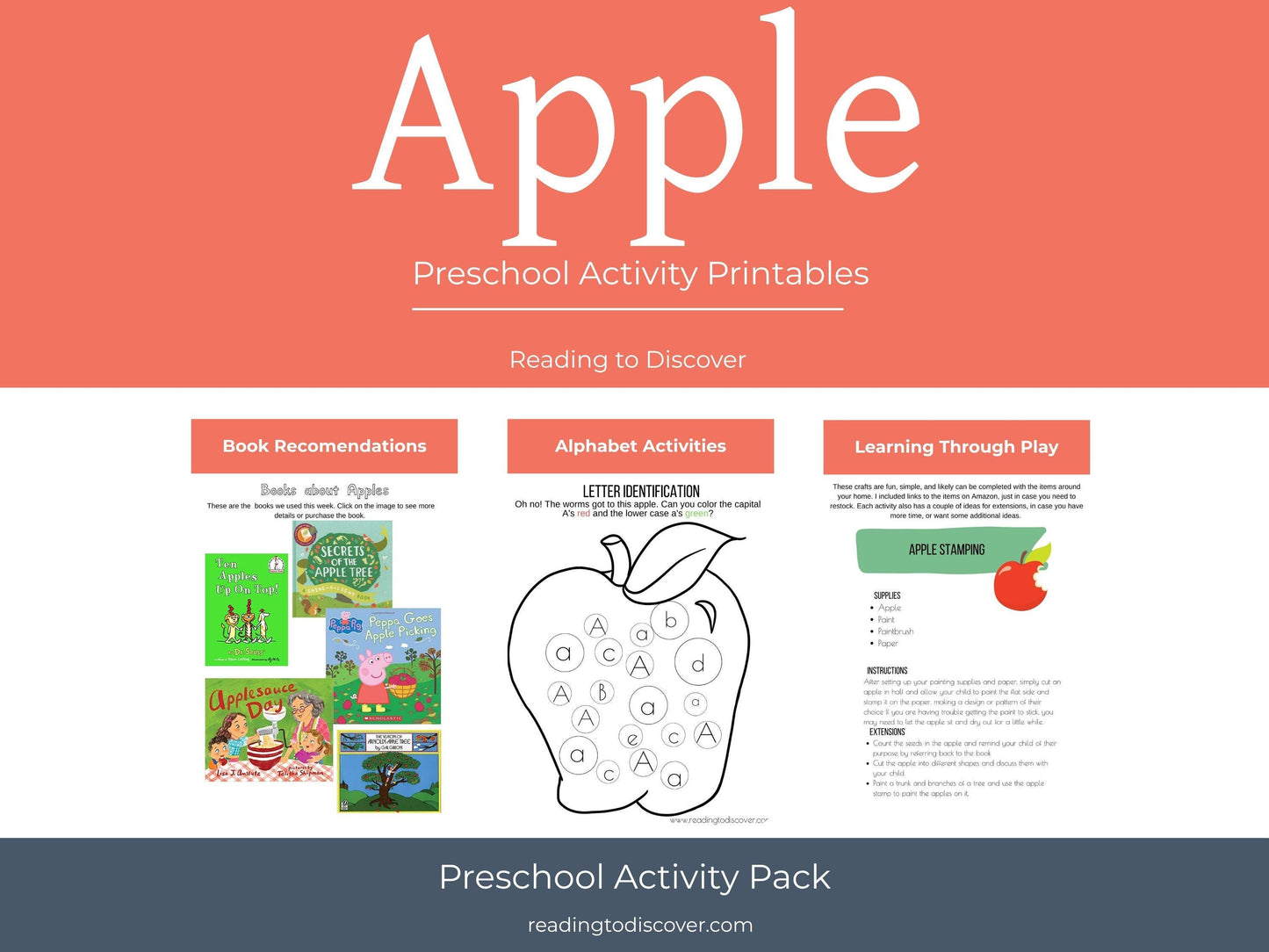 Letter A Activity Pack Printable | Apple Theme | Letter A Worksheets Book List Coloring Pages